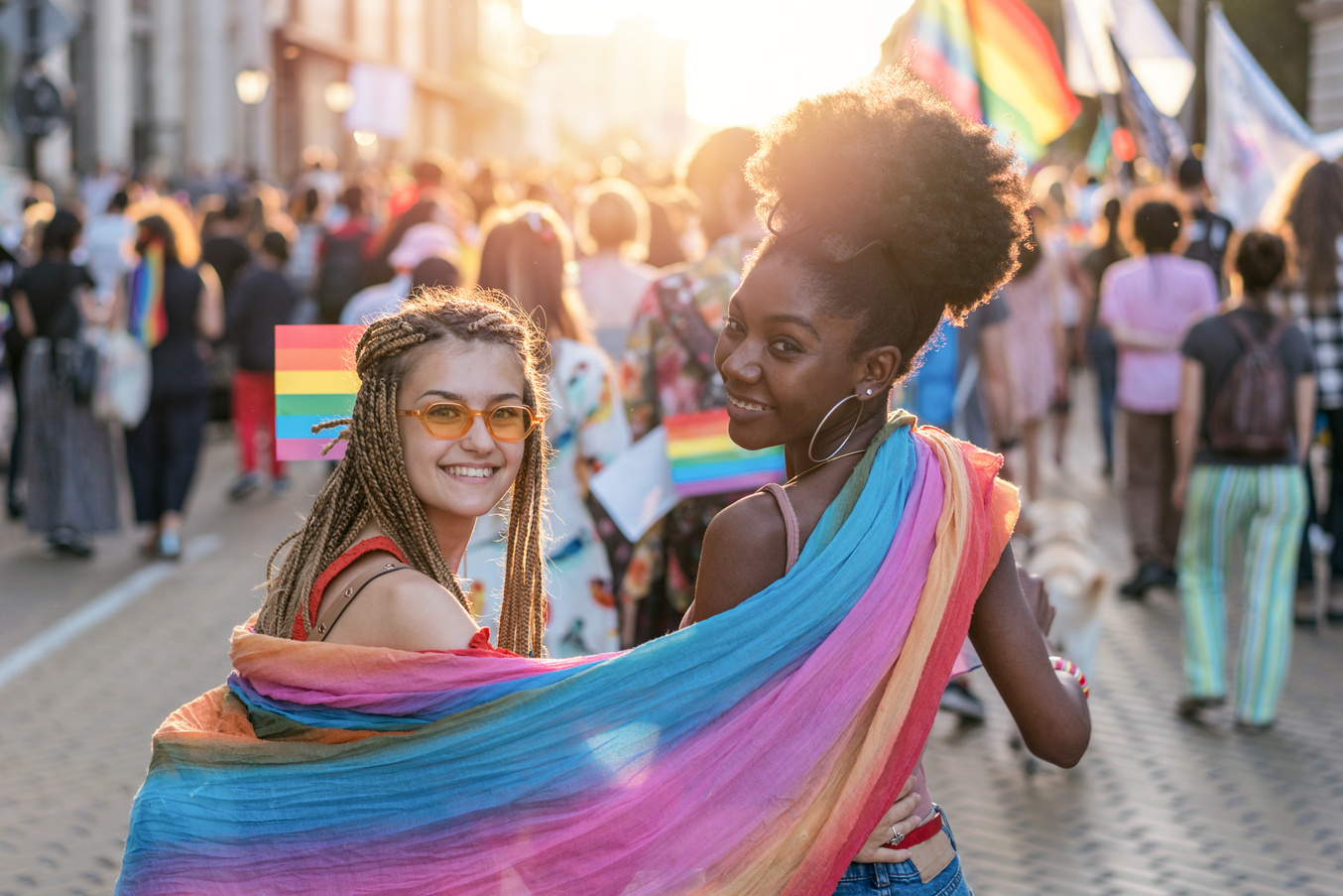 Beautiful female couple at the love pride parade
